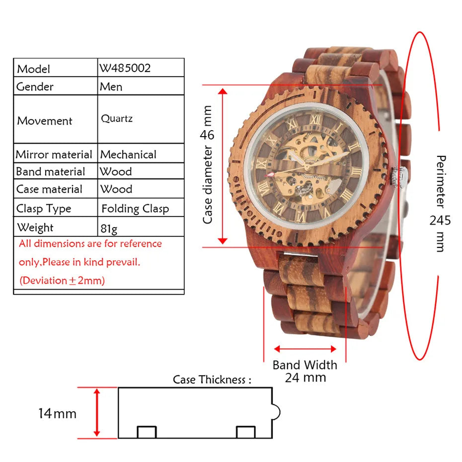 Luxury Wood Watch Mechanical Self-Wind Men's Watches High Quality Wooden Bangle Watchband Roman Numerals Display Automatic Clock