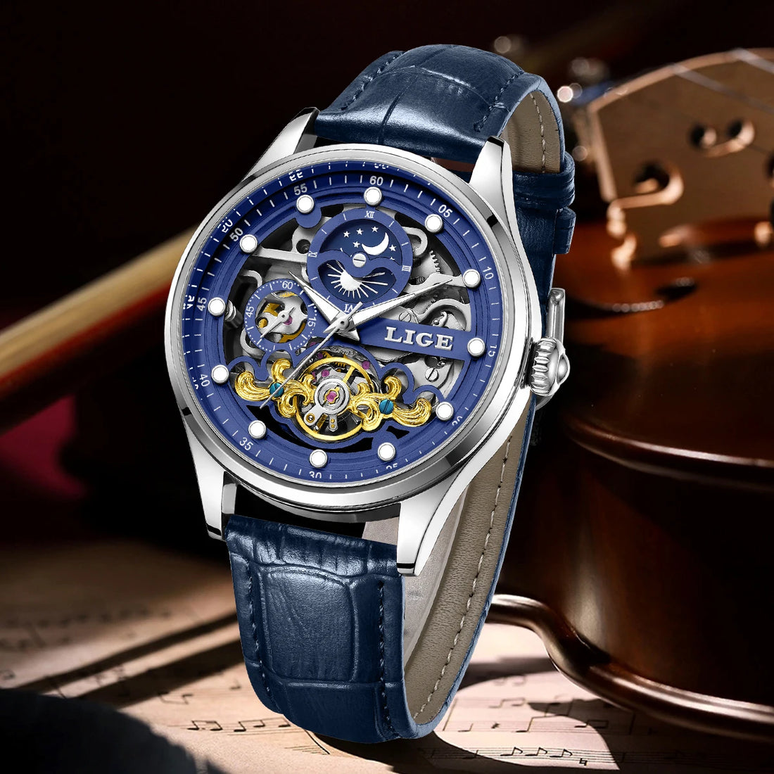 Reloj Hombre Watches Mens LIGE Top Brand Luxury Skeleton Tourbillon Automatic Mechanical Watch for Men Waterproof+Watch Box