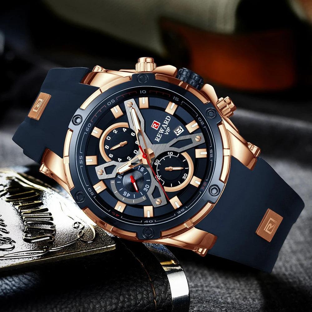 REWARD Man Wristwatch Luxury Sport Men Quartz Watch For Men Chronograph Silicone Waterproof Luminous Date Men's Watches