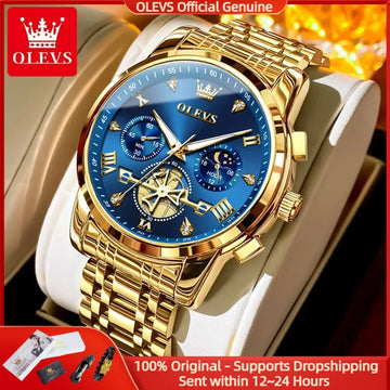OLEVS Luxury Brand Men's Watch Classic Roman Scale Flywheel Design Moon Phase Waterproof Quartz Watch for Men Original 2856