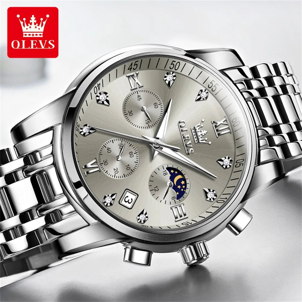 OLEVS 2858 Chronograph Quartz Movement Wristwatches for Man Stylish Auto Date 30m Waterproof Stainless Steel Watch For Men