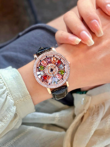 A dazzling and stylish luxury women's watch, quartz watch set with colored rhinestones and featuring a captivating rotating dial