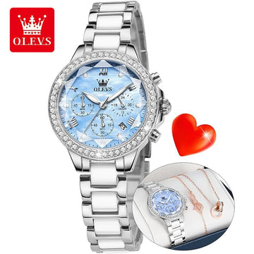 OLEVS Woman Watch Luxury Fashion Rhombus Mirror Chronograph Quartz Wristwatches Elegant Ladies Watch With Bracelet Necklace 9999