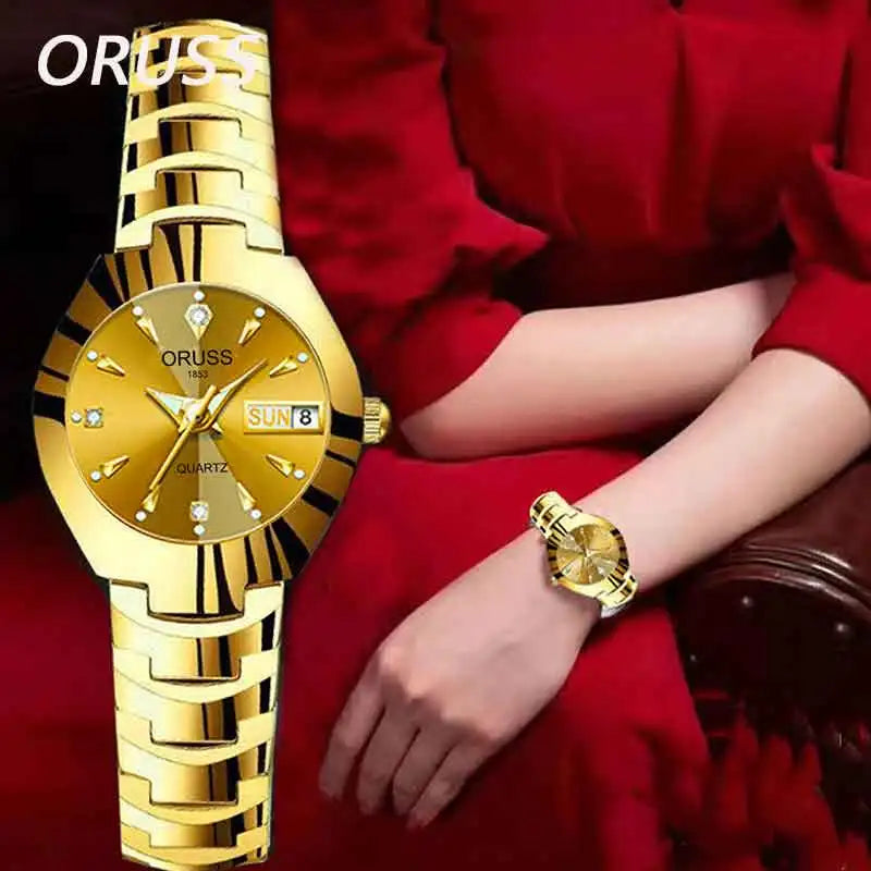 ORUSS Relogio Feminino Couple Watch Men Quartz watch for Lovers Luxury Womens wristwatch Week Display Stainless Steel Waterproof