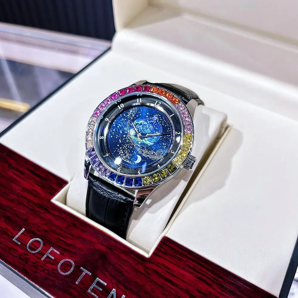 Luxury Brand Mechanical Watch for Men Rotating Star Dial Fashion Rainbow Case Automatic Watches Genuine Leather Strap Wristwatch