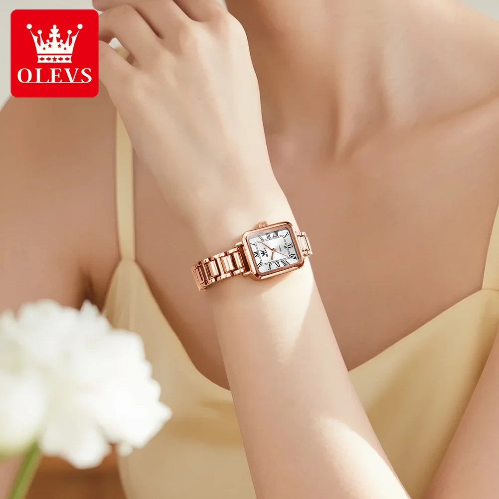 OLEVS Women's Watches 5641 Luxury Fashion Square Original Quartz Watch for Lady Rose white Dial Waterproof Date Stainless Steel
