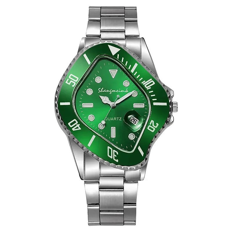 2026 New Watch for Men Unusual Conceptual Reloj Crash Melting Twist Shaped Case Quartz Wristwatch Male Man Rhombic Green Clock