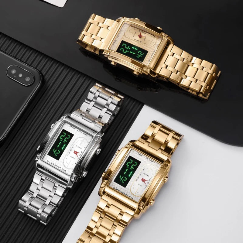 Men Wrist Watches Top Brand Luxury Relogio Masculino Stainless Steel Band Watch For Male Clock Men Dual Display Wrist Watch