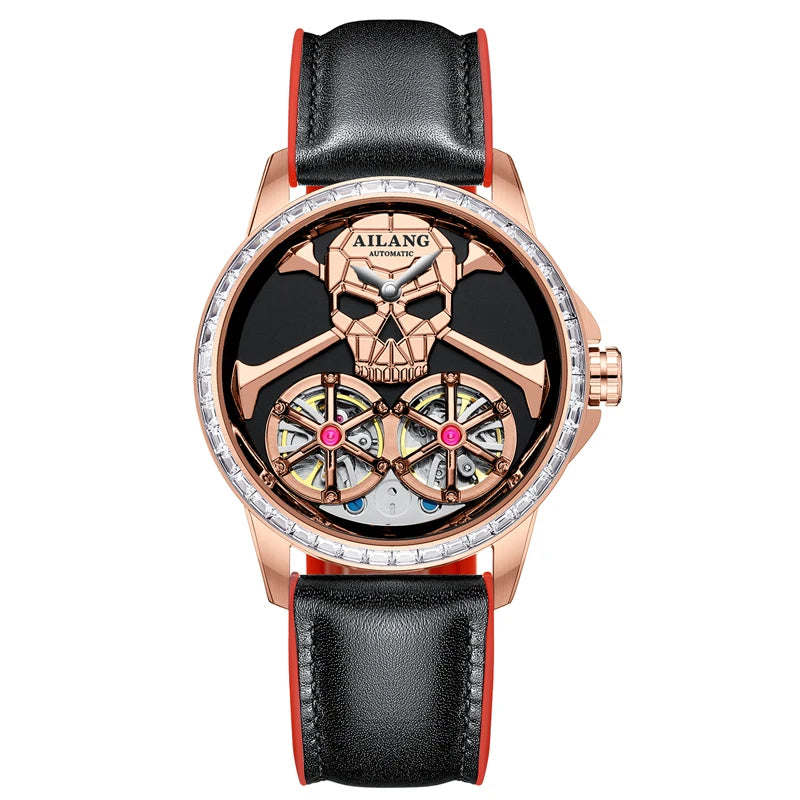 Luxury Skull Rose Gold Mechanical Watch Men High-End Leather Strap 30M Waterproof Automatic Double Tourbillon Watch